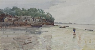 Edwardian watercolour unsigned, coastal harbour scene with figures and building, 30cm x 25cm 