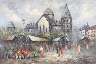 Burnett, 20th Century oil board, Parisian street scene with figures 60cm x 90cm 