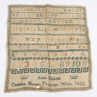 A 19th Century sampler with alphabets, numbers by Anne Elliott, Camden House, Tunbridge Wells 1832 34cm x 30cm 