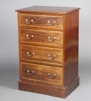 An Edwardian inlaid mahogany pedestal chest of 4 drawers with brass escutcheons and gilt drop handles, raised on a platform base 108cm h x 70cm w x 50cm 