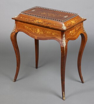 An Edwardian rectangular inlaid rosewood jardiniere with later metal liner, having gilt metal mounts, raised on cabriole supports 79cm x 65cm w x 41cm d  