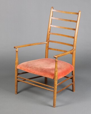 An Edwardian beech and mahogany ladder back open arm chair, the seat upholstered in rose pink material 87cm h x 57cm w x 43cm d (seat 27cm x 32cm) 