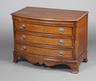 A Georgian style inlaid and crossbanded mahogany bow front chest, fitted a brushing slide above 3 long drawers, raised on bracket feet 65cm h x 87cm w x 49cm d 