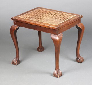 An Edwardian Georgian style rectangular mahogany dressing table stool, raised on cabriole, ball and claw supports 46cm h x 50cm w x 38cm d 