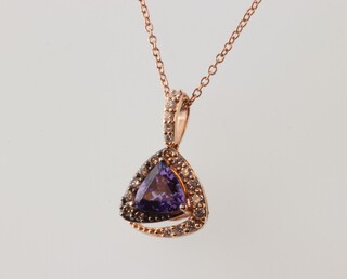 A 14ct yellow gold triangular tanzanite and diamond pendant by Le Vian 18mm x 10mm 1.6 grams, the tanzanite approx 1ct, the diamonds 0.2ct, on a ditto necklace, 44cm, 1 gram 