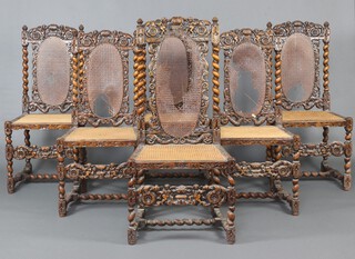 A harlequin set of 6 Victorian Carolean style heavily carved walnut high back dining chairs with woven cane backs and seats, raised on turned supports with shaped stretchers 120cm h x 55cm w x 45cm d  