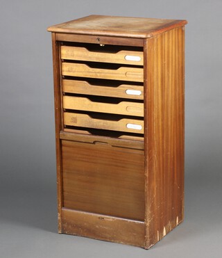 Abbis, a 1930's oak filing chest of 9 shallow trays enclosed by a tambour shutter 93cm h x 48cm w x 41cm d 