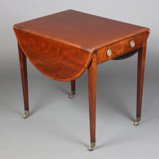 A 19th Century oval inlaid and crossbanded mahogany Pembroke table fitted a drawer, raised on square tapered supports ending in brass caps and casters 77cm h x 76cm x 56cm 