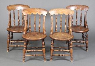 A set of  4 19th Century elm and beech stick and rail back Windsor chairs with dished seats, raised on turned supports 88cm h x 43cm w x 43cm d (seats 25cm)) 