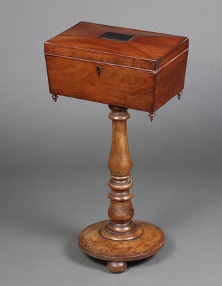 A Victorian rectangular mahogany teapoy, raised on a turned column and circular base with bun feet 80cm h x 41cm w x 26cm d 