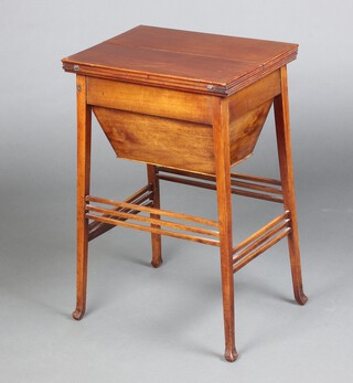 A Victorian rectangular mahogany work box with hinged folding lid and deep basket, raised on outswept supports 70cm h x 46cm w x 34cm d  