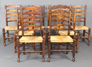 A set of 8 18th Century style, elm Lancashire ladder back dining chairs with woven rush seats - 2 carvers 110cm w x 61cm w x 48cm d (seat 30cm x 25cm) and  6 standard 99cm h x 38cm w x 29cm d (seat 28cm x 24cm) 