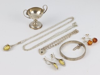 A child's silver bangle and minor silver jewellery, weighable silver 18 grams 