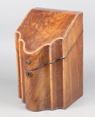 A Georgian mahogany crossbanded knife box of serpentine outline with fitted interior and polished steel escutcheon 35cm h x 22cm w x 28cm d 