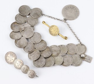 A coin bracelet and brooch and a French gilt ditto 