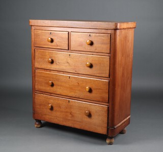 A Victorian bleached mahogany D shaped chest of 2 short and 3 long drawers with replacement handles, raised on bun feet 108cm h x 92cm w x 42cm d 