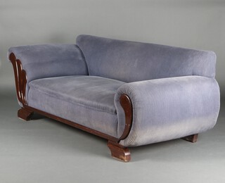 An Art Deco show frame sofa 74cm h x 110cm w x 89cm d, upholstered in blue corduroy material 