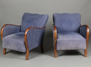 A pair of Art Deco armchairs 76cm h x 66cm w x 64cm d, upholstered in blue corduroy material 