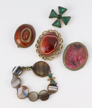 A 19th Century hardstone bracelet including malachite, agate etc and 4 other brooches 