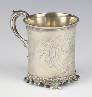 A Victorian silver mug with S scroll handle, engraved with the Harrow School badge, Sebastian Gilley 1878, London 1844, 8cm, 96 grams 