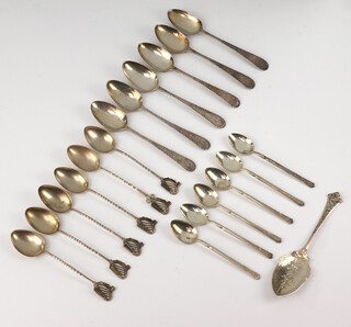 Six Edwardian silver hardstone inlaid teaspoons with harp finials Birmingham 1905, 6 Georgian ditto, 6 coffee spoons and a slice, 200 grams 