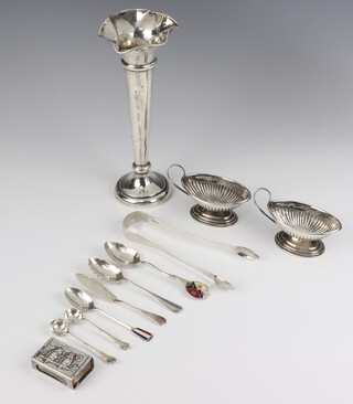 A silver posy vase Sheffield 1932 20cm, a pair of salts, a pair of sugar nips, a match sleeve and 6 spoons, weighable silver 172 grams