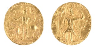 Kushan Empire (modern Afghanistan, Pakistan), 3rd century AD, gold Stater, 21mm, Obv: King standing to left holding standard, altar and trident headed standard to left / Rev: Shiva holding trident and diadem, humped bull in background. 