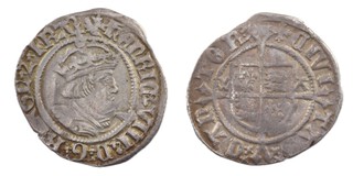 United Kingdom, Henry VIII, Canterbury mint, 1509-1547, silver Half Groat, 20mm, 1.3g, Obv: Cross patonce, crowned bust right / Rev: Shield over long cross fourche. S.2319, VF. 