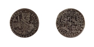 Polish-Lithuanian Commonwealth, Sigismund III, 1622 silver Ort (18 Groszy), 29mm, 6.3g. Obv: Crowned, armoured mid-length bust of Sigismund, right, holding sword over right shoulder and globus cruciger in left hand / Rev: Crowned arms of Poland-Lithuania with Vasa arms in centre. KM# 37, VF. 