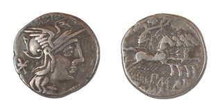 Roman Republic, P. Maenias of Antias, 132 BC, silver Denarius, 18mm, Obv: Helmeted head of Roma, star behind / Rev: Victory in quadriga right, holding reins and wreath. S.126, VF. 