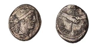 Roman Republic, Junius Brutus Albinus (one of Caesar's assassins), 48 BC, silver Denarius, 18mm, Obv, Head of Pietas right/ Rev, Two clasped hands holding a winged caduceus. S.427, F. 