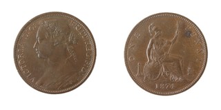 United Kingdom, Victoria, 1874 bronze Penny (obv 6, new G), 31mm. Obv: Laureate bust, left / Rev: Britannia seated, left. Toothed border both sides. S.3954, EF. 