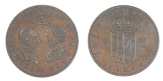 France, 1832 bronze Medal for Mary Queen of Scots' marriage to Philip of Spain, 1558. 52mm. Obv: Two busts facing each other, crown above / Rev: Crowned shield of arms. 