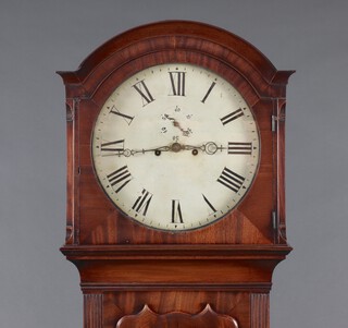 A 19th Century Scottish 8 day striking longcase clock, the 36cm dial with Roman numerals, subsidiary second hand, contained in a mahogany case, complete with weight and key but no pendulum, 203cm h  