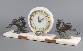 An Art Deco timepiece with gilt chapter ring, Arabic numerals contained in a 2 colour white marble case supported by 2 spelter figures of dear 20cm h x 46cm w x 10cm d 