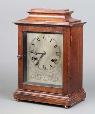 British Jerome, an Edwardian striking bracket clock with 16cm rectangular silvered dial, contained in a mahogany case 34cm x 22cm x 14cm 