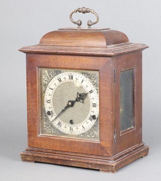 Pevivale, a chiming bracket clock with 15cm gilt dial and silvered chapter ring, complete with pendulum, contained in a mahogany case  24cm x 22cm w x 16cm d 