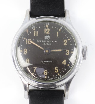 A gentleman's steel cased Ingersoll Ltd. Triumph black dial wristwatch contained in a 30mm steel case 