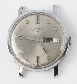 A gentleman's steel cased Longines day/date wristwatch, the 34mm case numbered C10648  