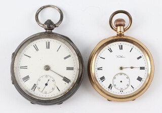 An Edwardian silver cased key wind pocket watch with seconds at 6 o'clock  Chester 1903, 55mm together with a gilt mechanical pocket watch, seconds at 6 o'clock (not working)