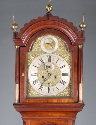 An 18th Century and later 8 day striking Astronomical longcase clock, the 38cm arched dial marked Ed Cockey Warminster, with lunar calendar, phases of the moon, minute indicator and subsidiary second hand, contained in a later walnut case, the hood flanked by fluted columns with brass quarter stops 226cm h  