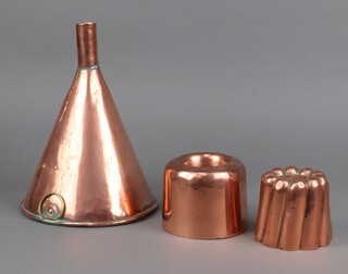 A 19th Century copper barrel funnel 28cm x 20cm, a Victorian cylindrical copper jelly mould 9cm and 1 other  9cm x 12cm 