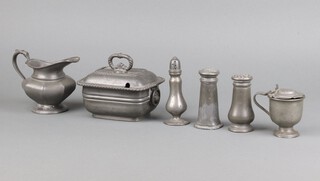 Dixons & Sons, a 19th Century pewter twin handled sauce tureen and cover, the base marked Dixons 96 6cm x 15cm x 13cm b, a pewter mustard pot, 3 pewter pepper pots and a pewter cream jug 