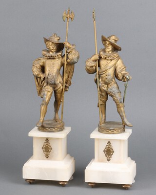 A pair of 19th Century gilt painted spelter figures of standing Cavaliers raised on alabaster bases 38cm x 10cm x 8cm 