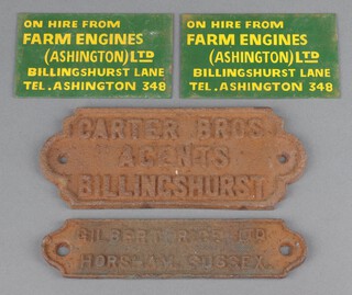 Of local interest, a rectangular metal plaque - Gilbert Rice Ltd. Horsham 18cm x 5cm, 1 other marked Carter Brothers Agents Billingshurst 8cm x 19cm and 2 rectangular painted metal plaques marked On hire from Farm Engines (Ashington Ltd, Billingshurst Lane) 7cm x 11cm 