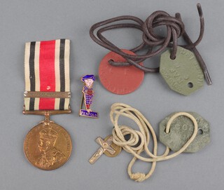 A George V issue Special Constabulary Long Service Good Conduct medal with bar Great War 1914-1918 to Arthur E Glass, together with 3 dog tags marked 2015562 M Pickering RAF and a Penfolds enamelled golfing badge 