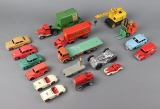 A Dinky Trojan Esso Delivery van, a Dinky Coventry Trimax fork lift truck, 2 Dinky Aston Martin model cars and other model toy cars, all unboxed and play worn 