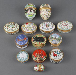 A Halcyon Days enamelled Easter Egg 1979 5cm and 11 other enamelled boxes and a Crummles ditto, some boxed 