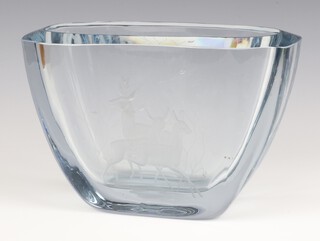 Stromberg, a Swedish blue ice art glass vase decorated with deer, signed and numbered B999/C895, 17cm