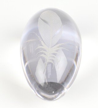 A Kosta glass egg engraved with a feather L G 2279, 11cm 